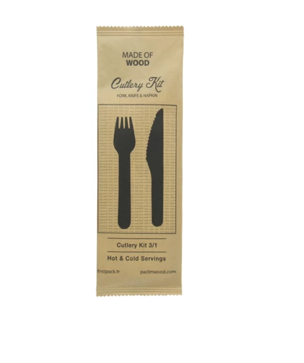 [FP210COUVB33K] 250 X Kit Posate In Legno 3/1: Coltello, Forchetta, Tovagliolo